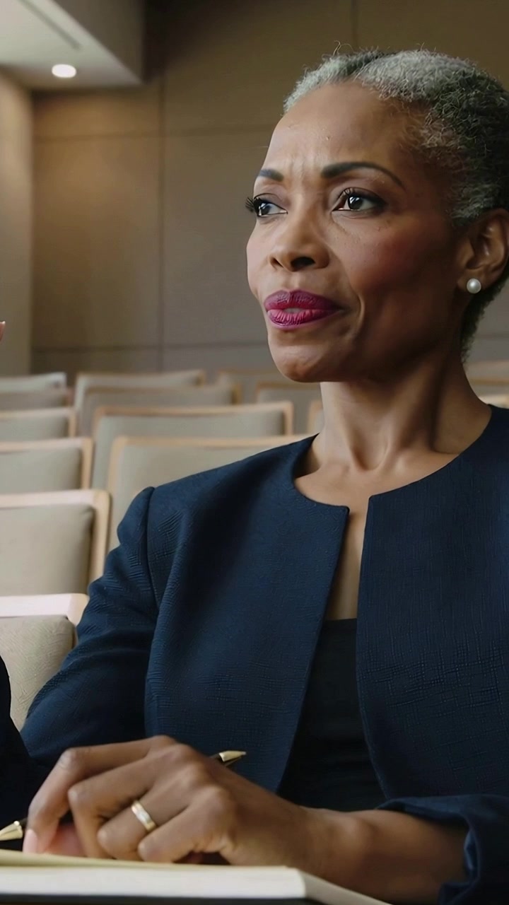Vertical video: Raising hand, woman in blazer asking question during talk in hall with pad gold pen