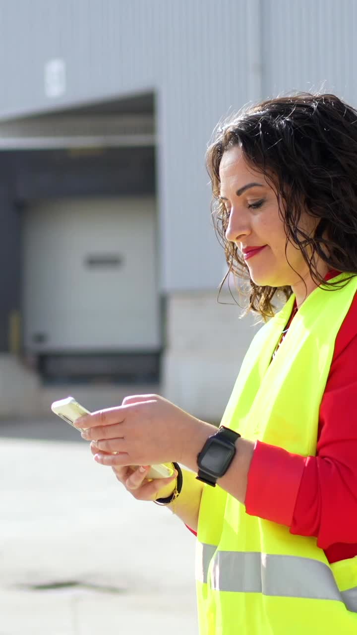 Two women in safety vests communicating with a smartphone near a warehouse