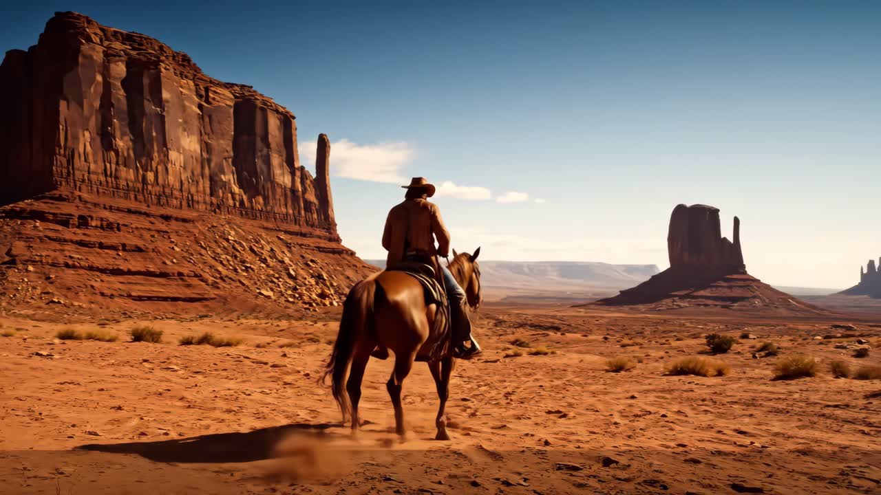 Cowboy Riding Horse Through Monument Valley