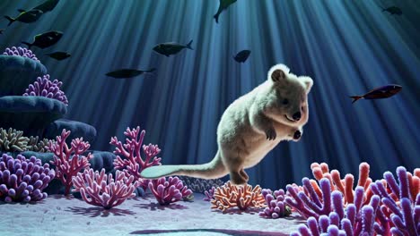 baby wombat underwater in coral reef