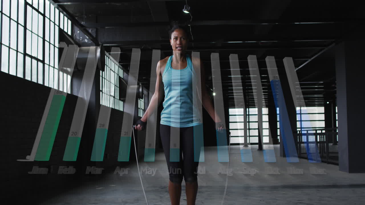 animación de nombres de meses con barras gráficos sobre mujer afroamericana haciendo saltar en el gimnasio