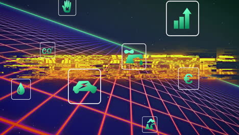 game over text with animation on retro grid background with environmental icons
