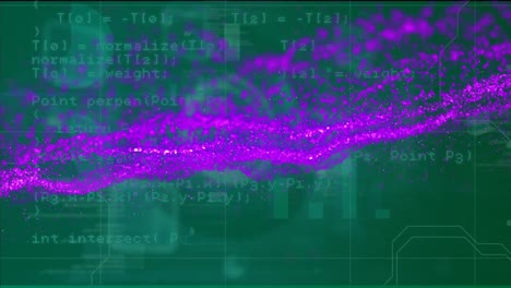 Purple-digital-wave-over-multiple-screens-with-data-processing-against-green-background