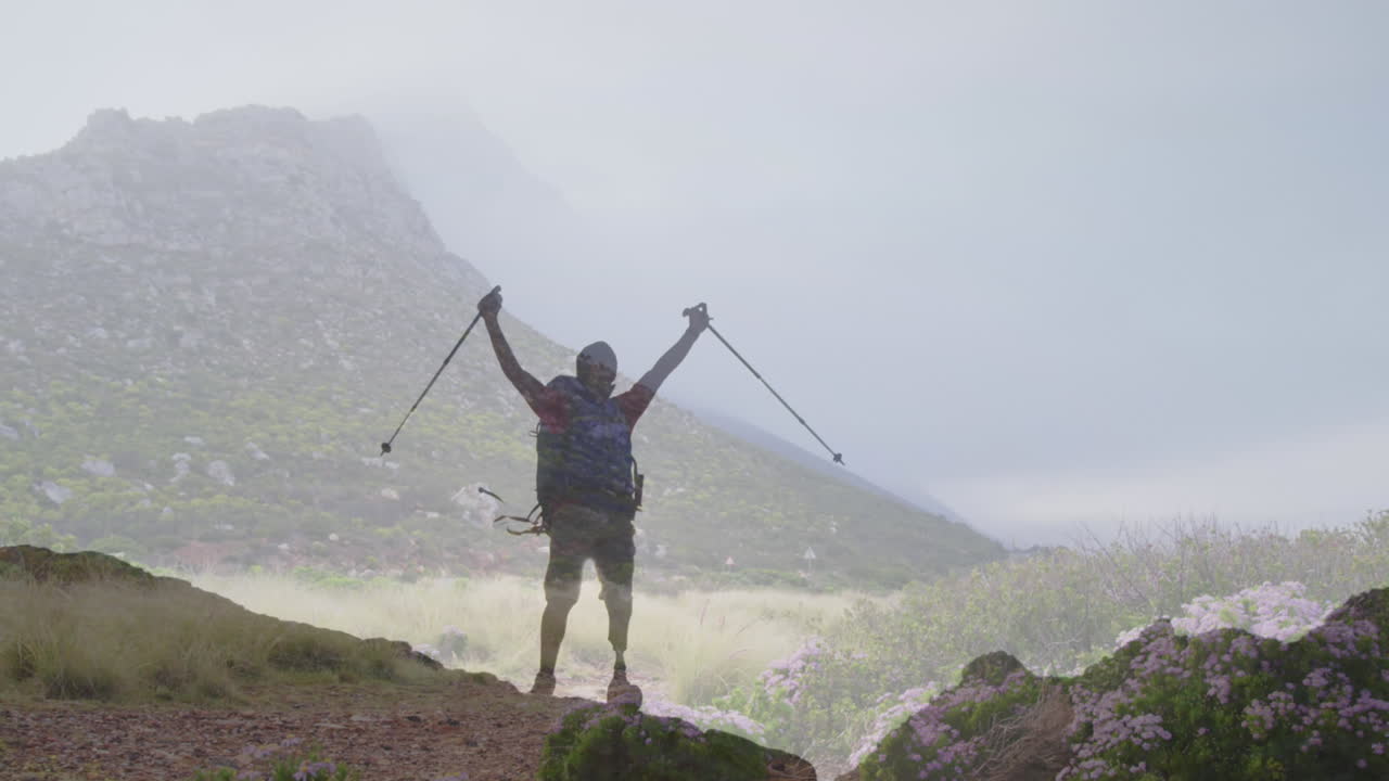 팔을 펴고 있는 장애인 이중 인종 남성 위의 풍경 애니메이션