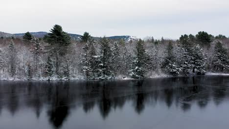 Aerial-SLIDE-along-the-edge-of-a-winter-shore-with-reflections-on-a-thin-layer-of-ice