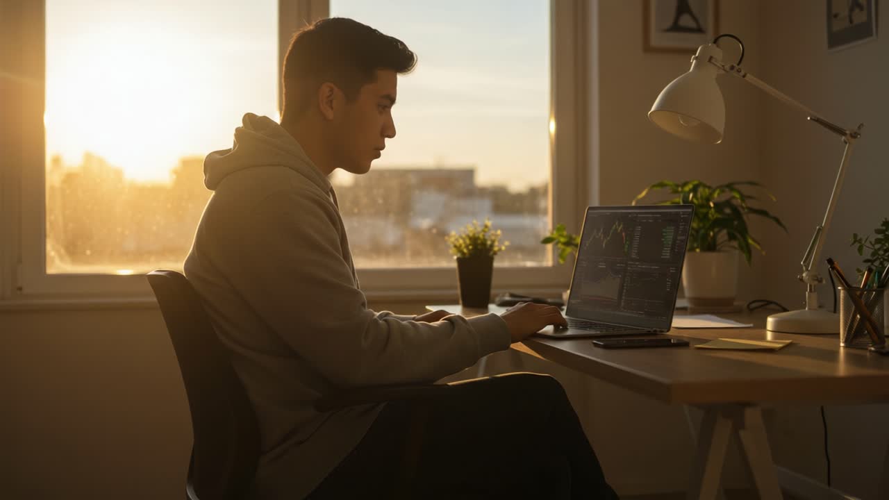A focused individual deeply engaged in creative digital work at a well-lit desk, illuminated by the warm glow of a sunset streamlining through a window.