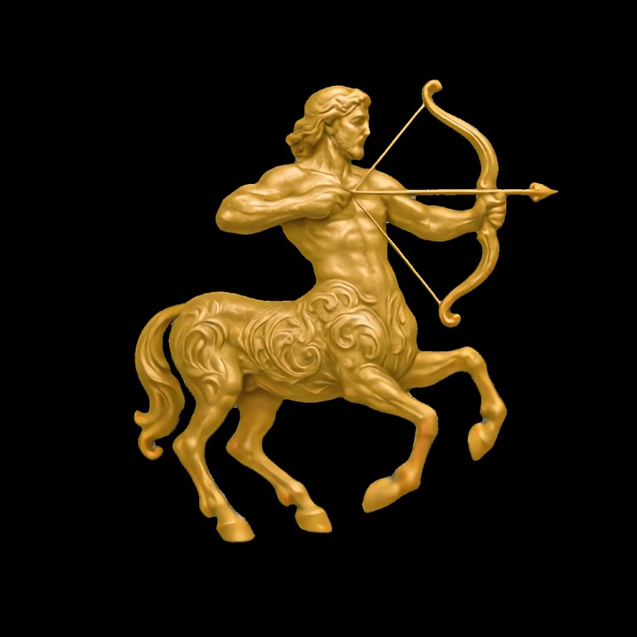 Gylden kentaurstatue sigter med bue og pil mod sort baggrund
