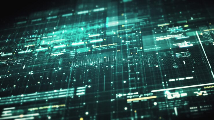 Advance data matrix, telemetry and encrypt numbers simulation user interface display in cyber space abstract de-focus environment background
