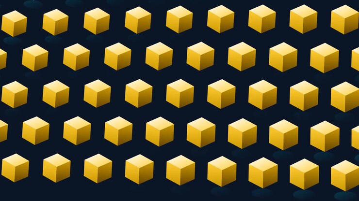 Animated Pattern of Rotating Golden Cubes on Dark Background