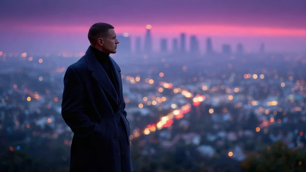 A Solitary Figure Overlooks a Cityscape at Dusk, Capturing the Vibrant Transition from Day to Night Against a Stunning Purple and Pink Sky