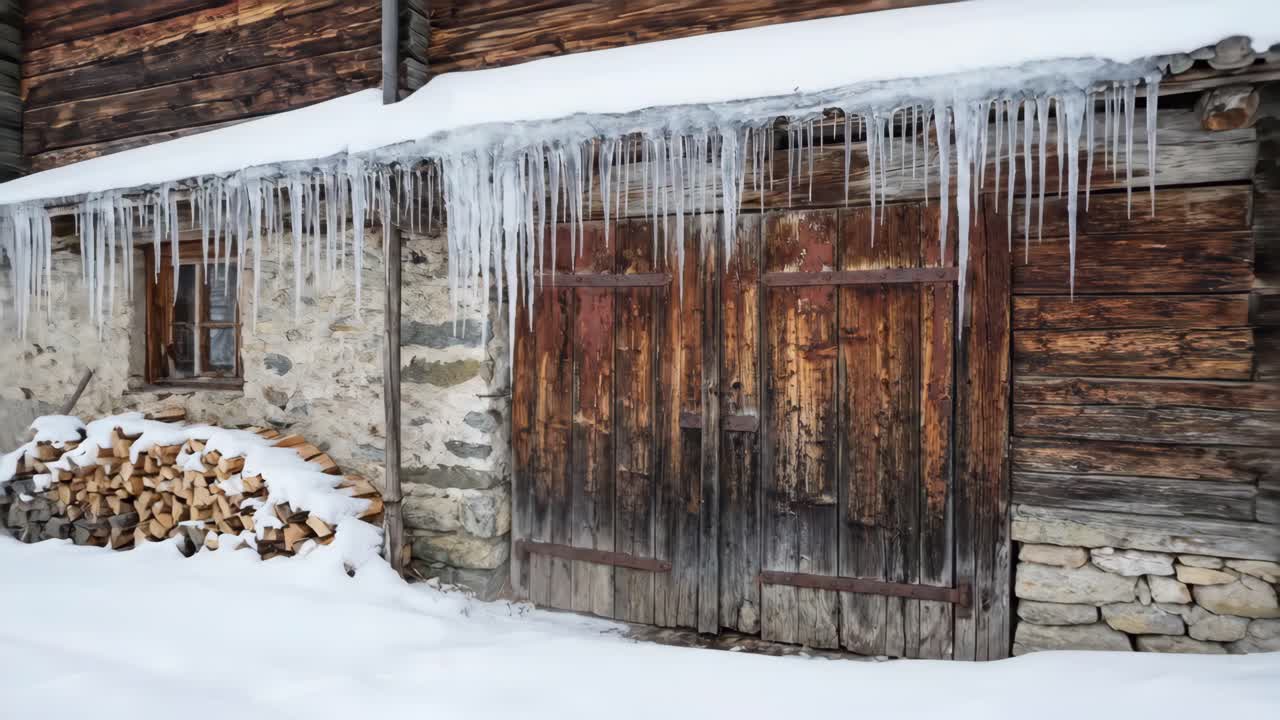 Icicles Hanging from an Old Wooden Barn Door in Winter