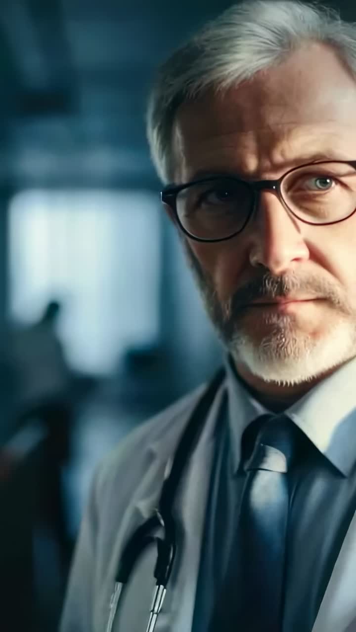 Vertical video: Zooming in on doctor turning toward camera in hospital corridor, with stethoscope