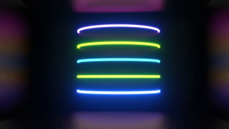 Animation-of-multicoloured-neon-light-lines-flickering-on-black-background