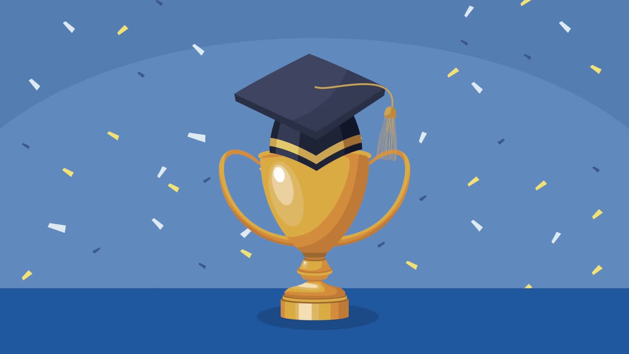 animación de sombrero de graduación y trofeo