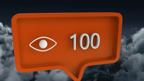 animation of eye icon with numbers on speech bubble over sky and clouds