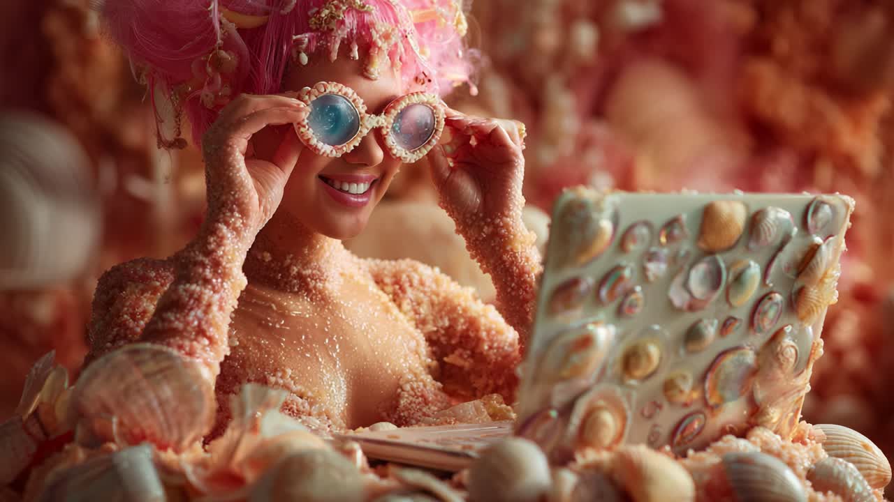 A whimsical underwater fantasy scene featuring a joyful individual with vibrant pink hair, adorned with seashells, engaging with a beautifully decorated laptop amidst a sea of shells