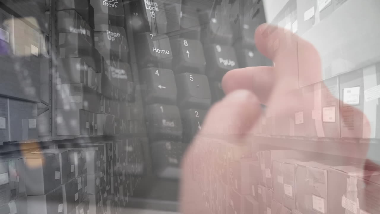 animación de una persona que usa teclas numéricas en el teclado de la computadora con un almacén en el fondo