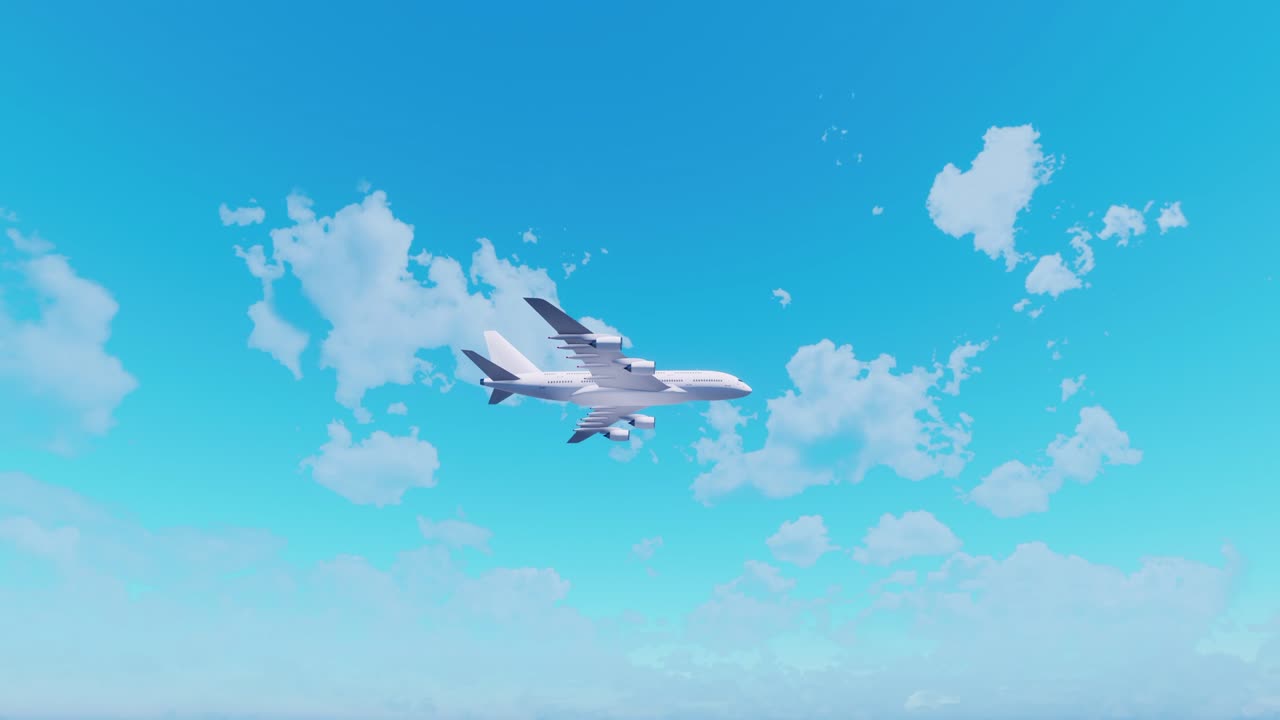 An unbranded commercial airplane circling overhead in a holding pattern waiting for its position to land