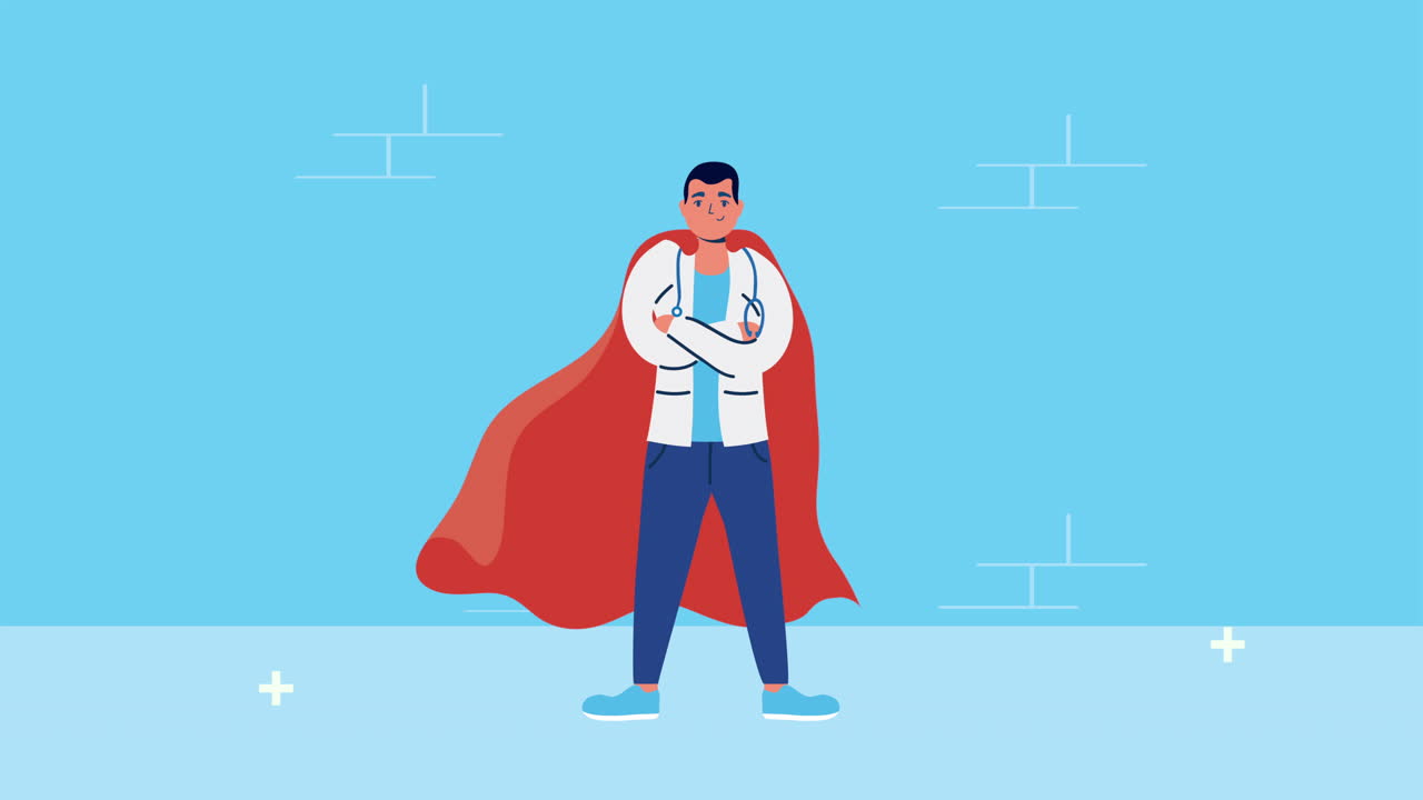 영웅의 망토를 입은 전문적인 남성 의사