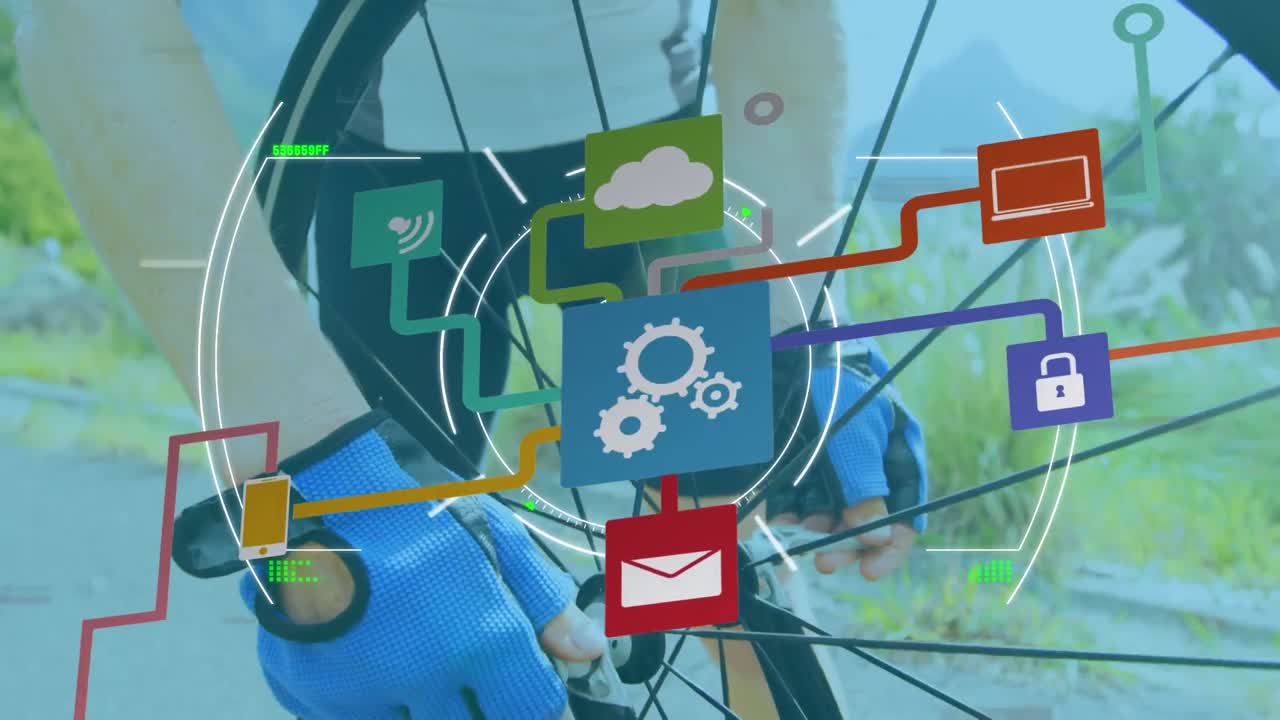 animación de iconos en la interfaz digital sobre el hombre caucásico fijando la rueda de la bicicleta al aire libre
