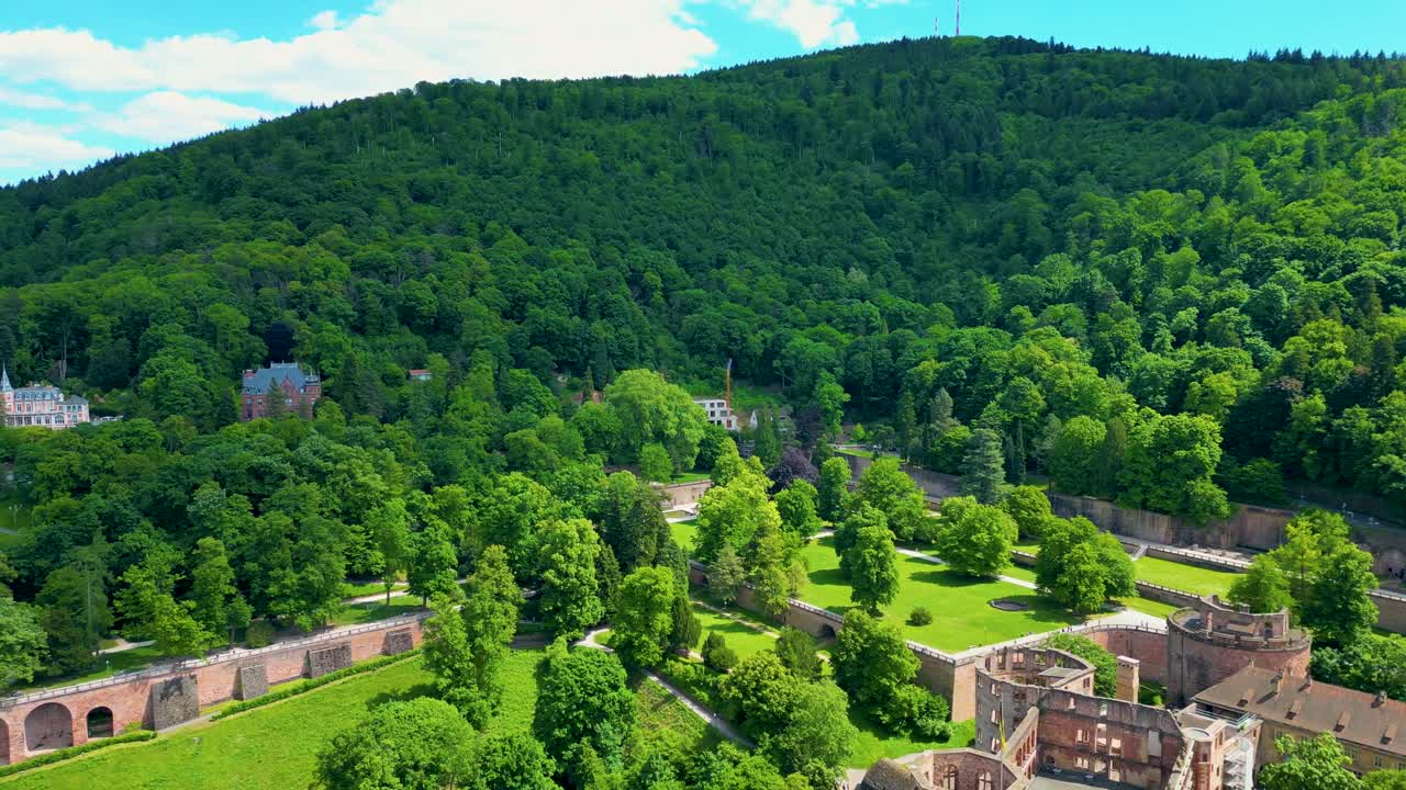 4K Aerial Drone Video of Gardens Surrounding the Historic Castle on Königstuhl Hill overlooking Heidelberg, Germany