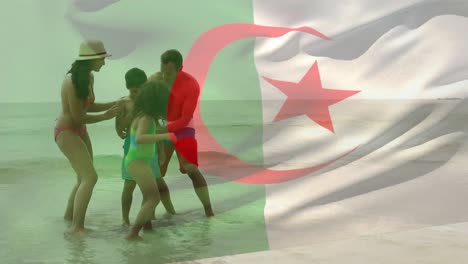 animación de la bandera de argelia sobre una familia biracial en la playa
