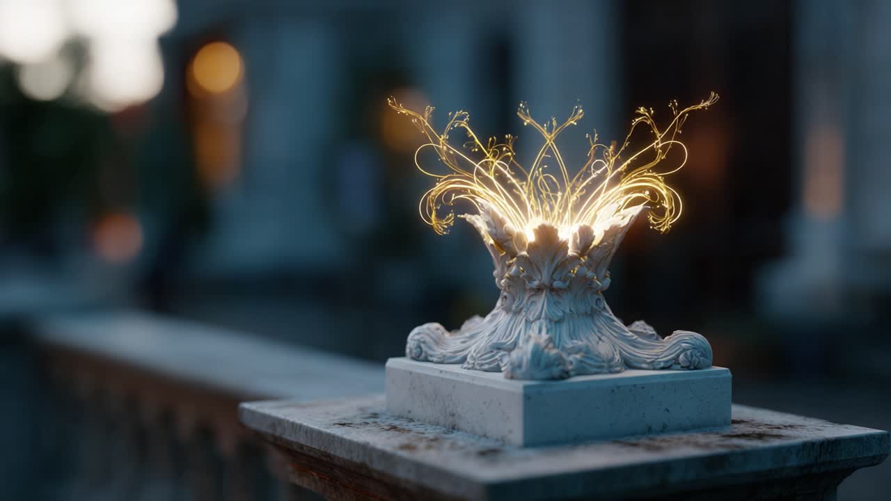 A Stunning Display of Illuminated Sparkles Emanating from a Decorative Stone Sculpture with Delicate Swirls and Curves Set Against a Serene Urban Background