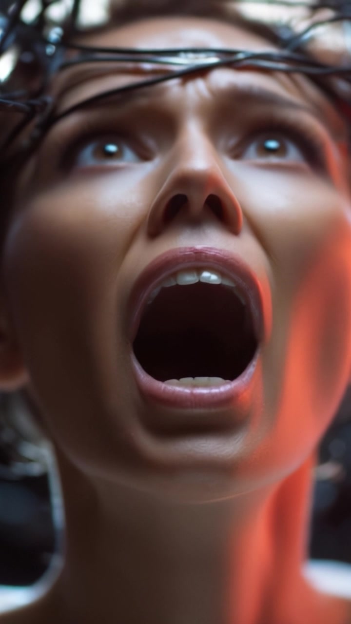 A distressed person screams in anguish, captured in a moment of terror and vulnerability, illuminated by dramatic lighting, representing emotional turmoil and fear.
