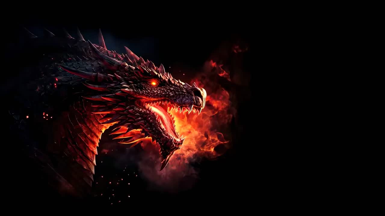 A fiery dragon breathes flames, captured in a dramatic side profile