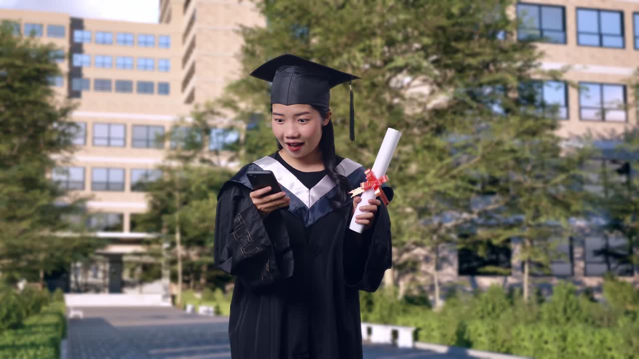 Asian Woman Student Graduates In Cap And Gown With Diploma Looking At Smartphone Then Saying Wow In Front Of A Magnificent University Building