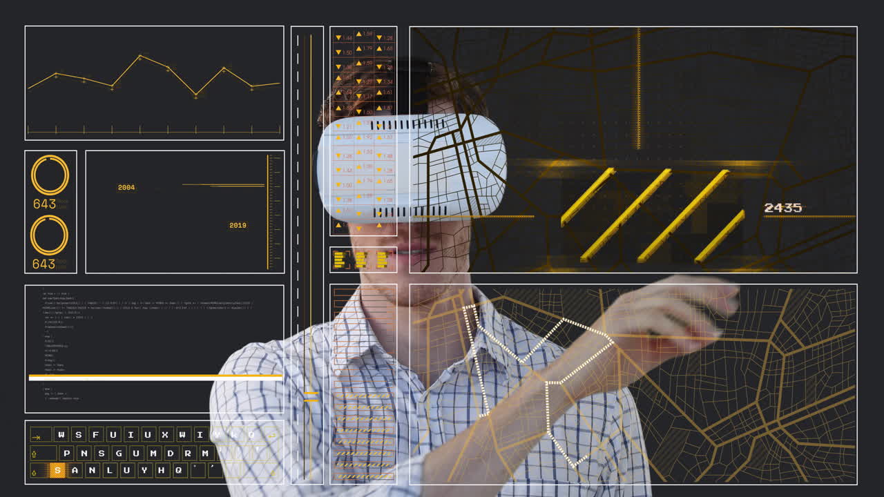 Using virtual reality headset, person interacting with animation data in school