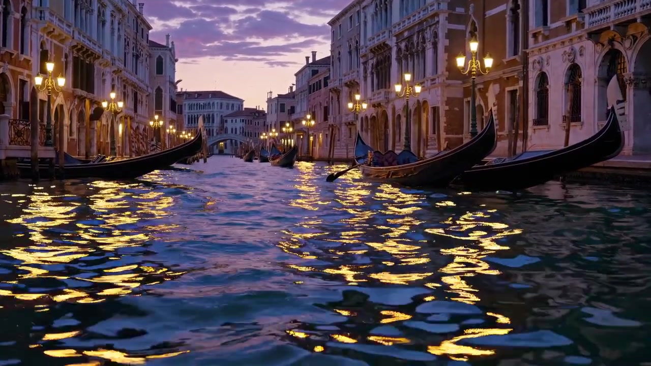 Gondole ormeggiate su un canale di Venezia al crepuscolo