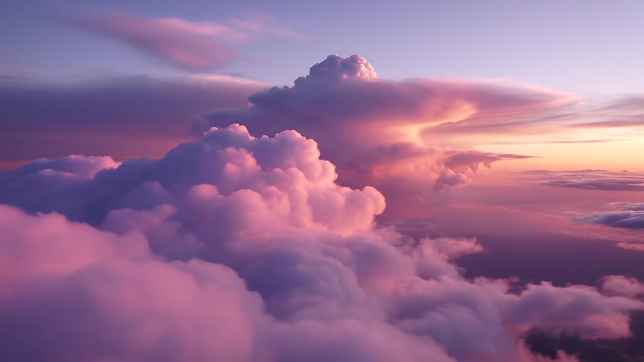 Beautiful pink and purple fluffy clouds at sunset aerial view