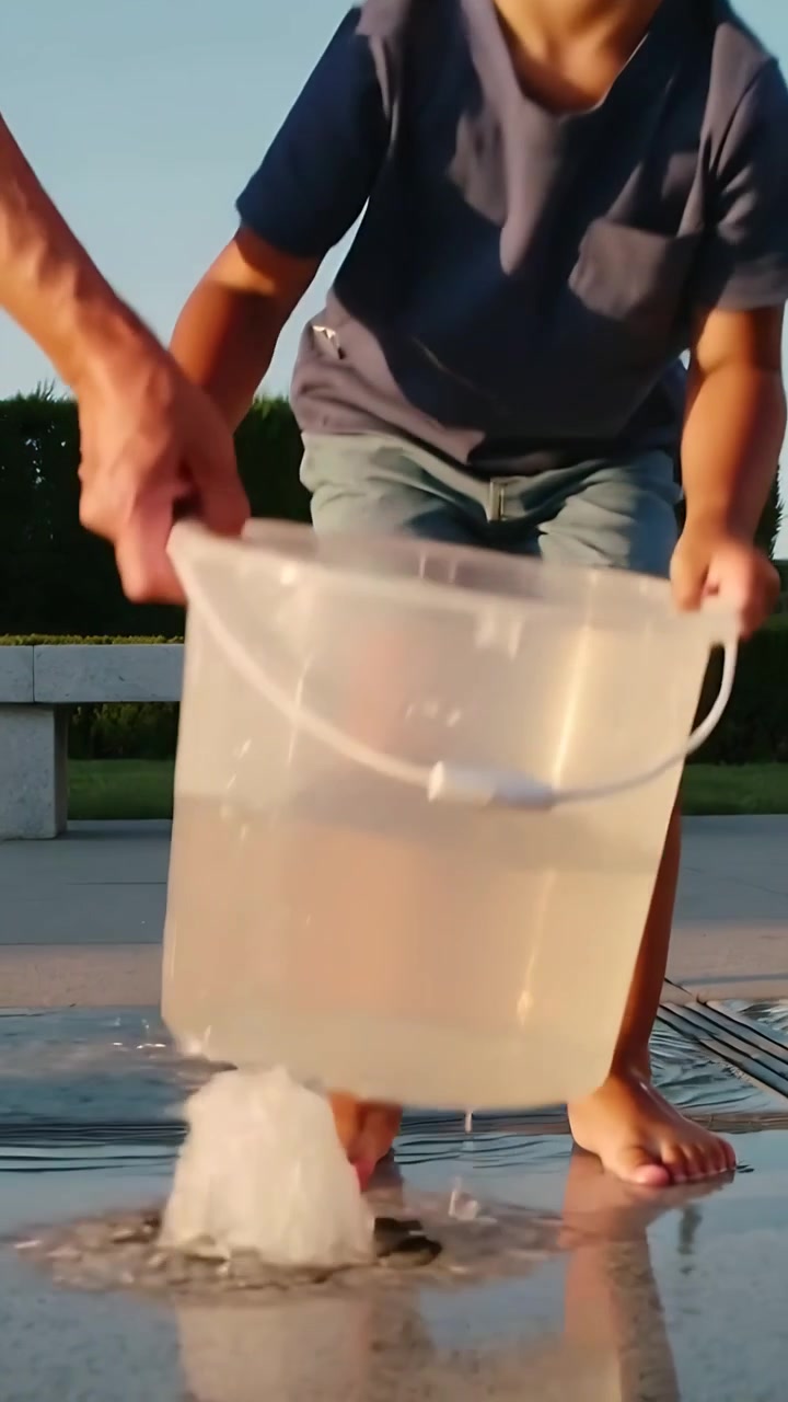 Video verticale: Un adulto che solleva un bambino mentre trasporta un secchio su un patio, causando uno zampillo d'acqua ai piedi.