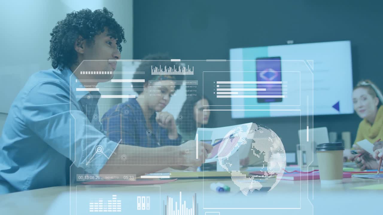 Global data analytics animation over diverse business team in meeting