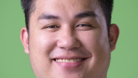 young handsome overweight asian man against green background