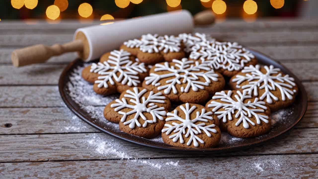 Top-down video shot of festive cookies with snowflake icing on a rustic wooden table