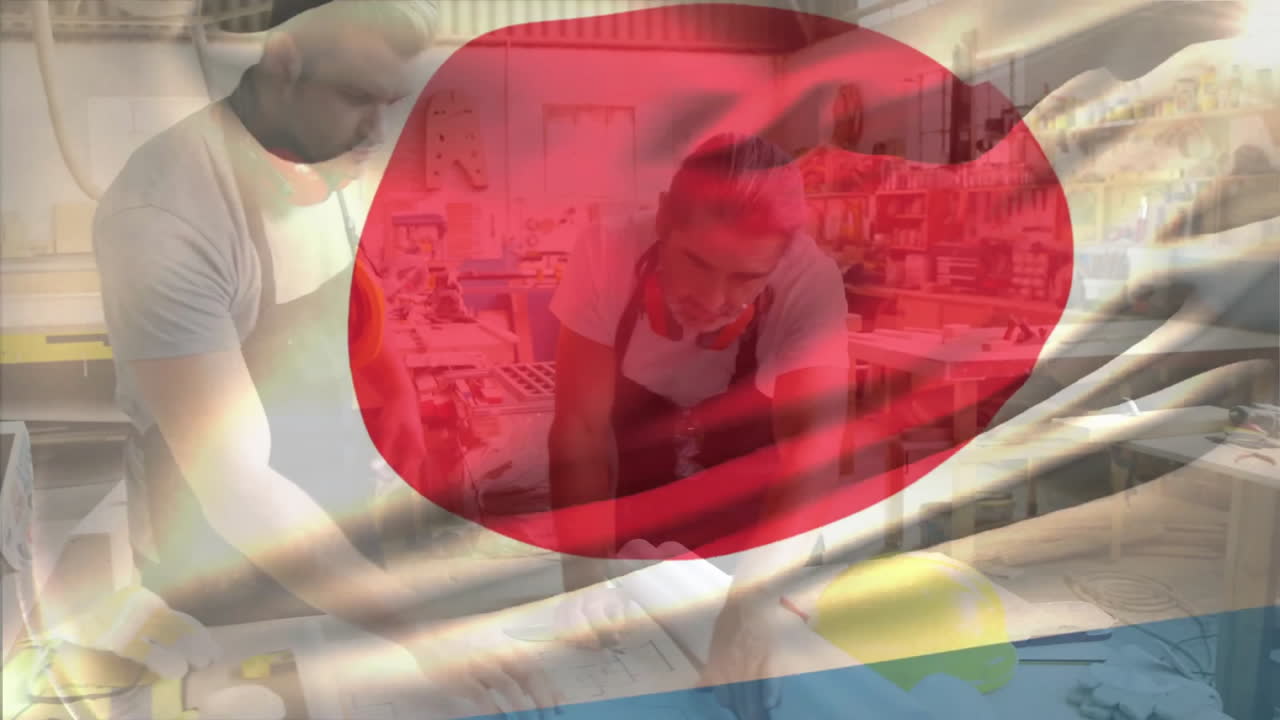 animación de la bandera de japón sobre carpinteros caucásicos discutiendo planos