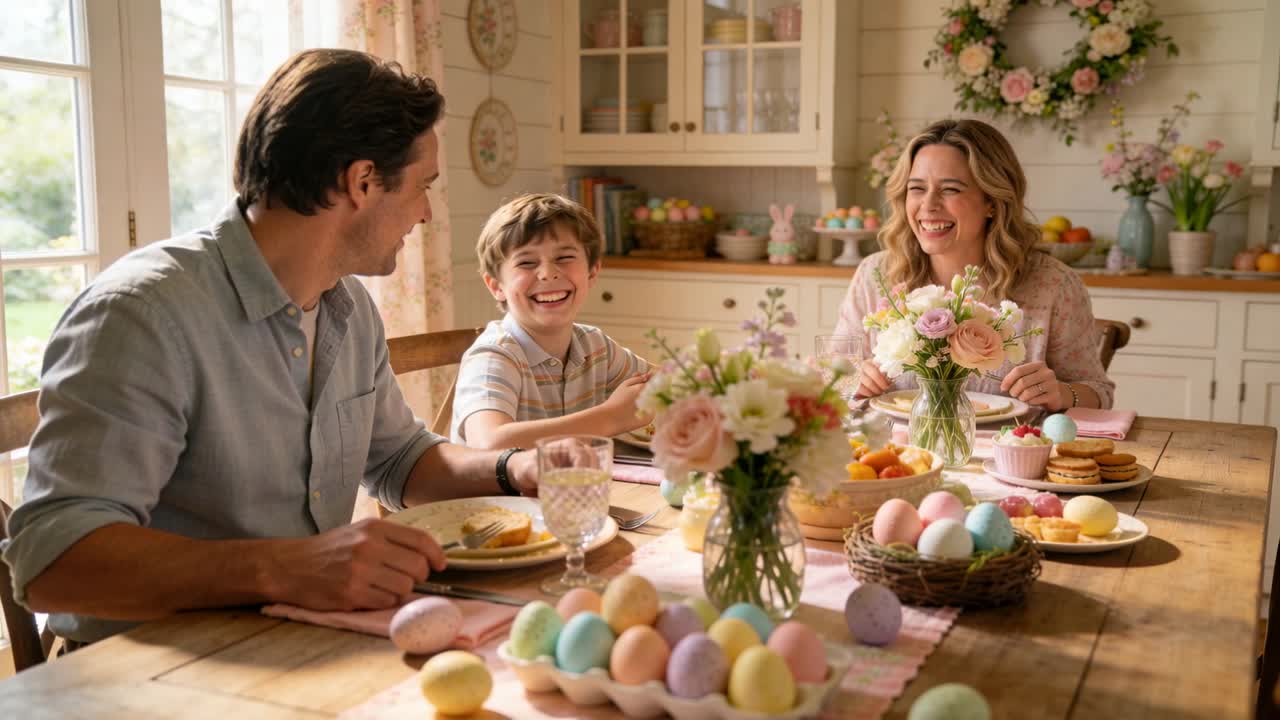 Dad shifting gaze and smiling, family laughing at holiday meal, animated eggs drawing gaze for ads