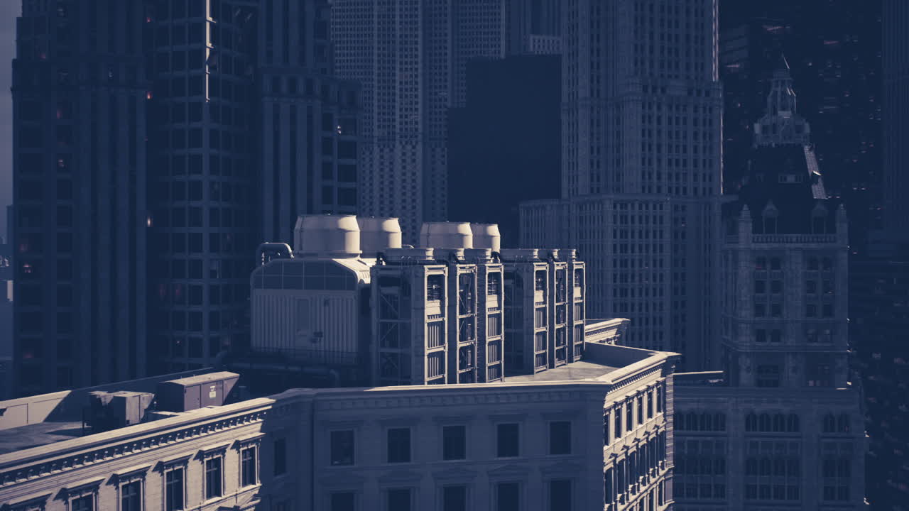 Tall buildings cast shadows over city streets under twilight sky