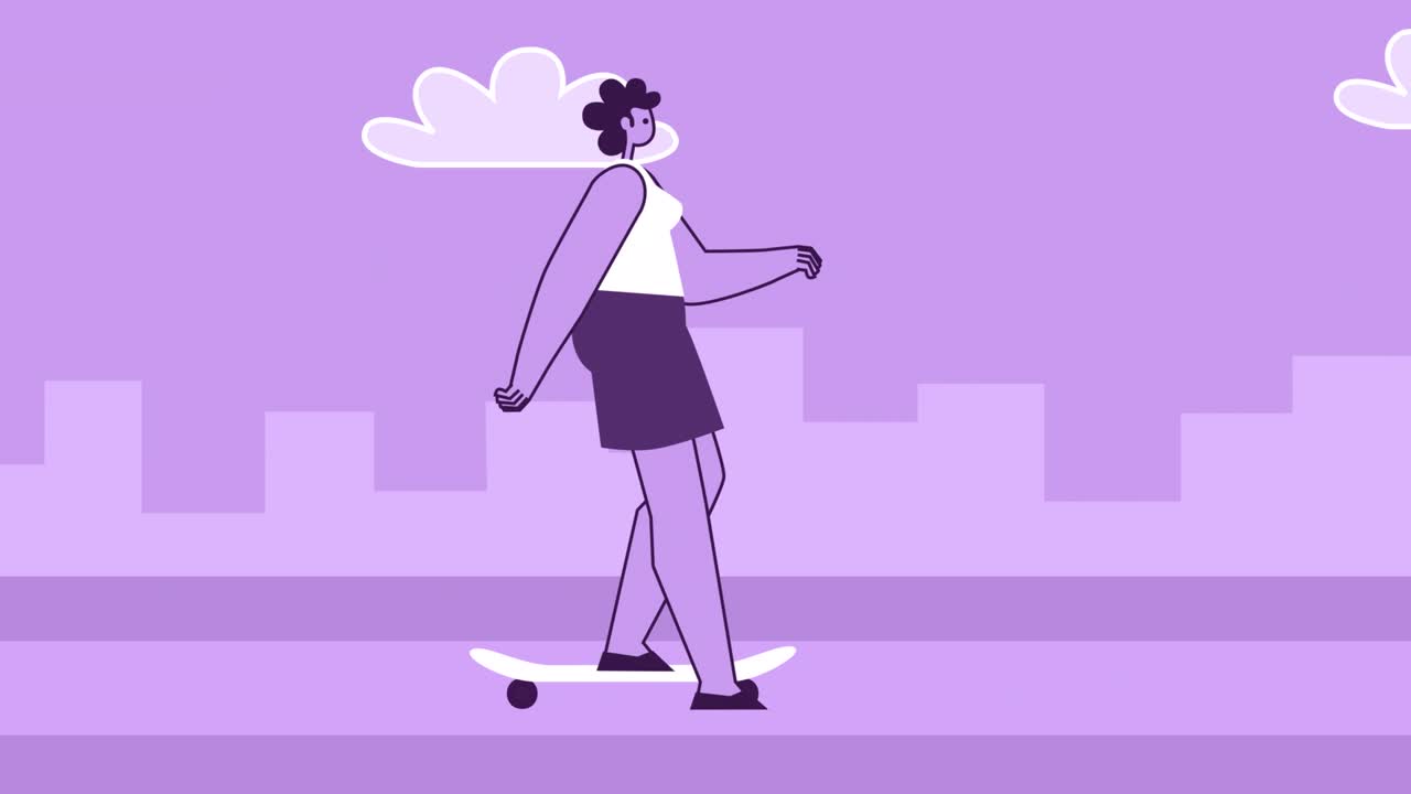 Purple Style Woman Flat Character Riding a Skateboard. Isolated Loop Animation with Alpha Channel