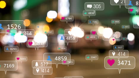 animation of icons and data processing over out of focus city