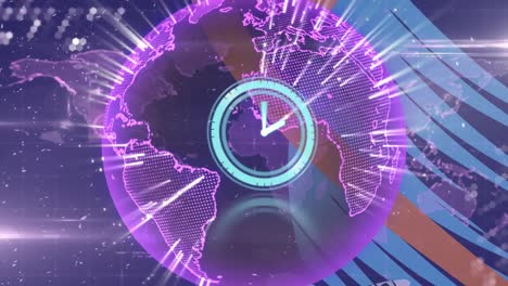 animation of clock moving fast over globe with networks of connections