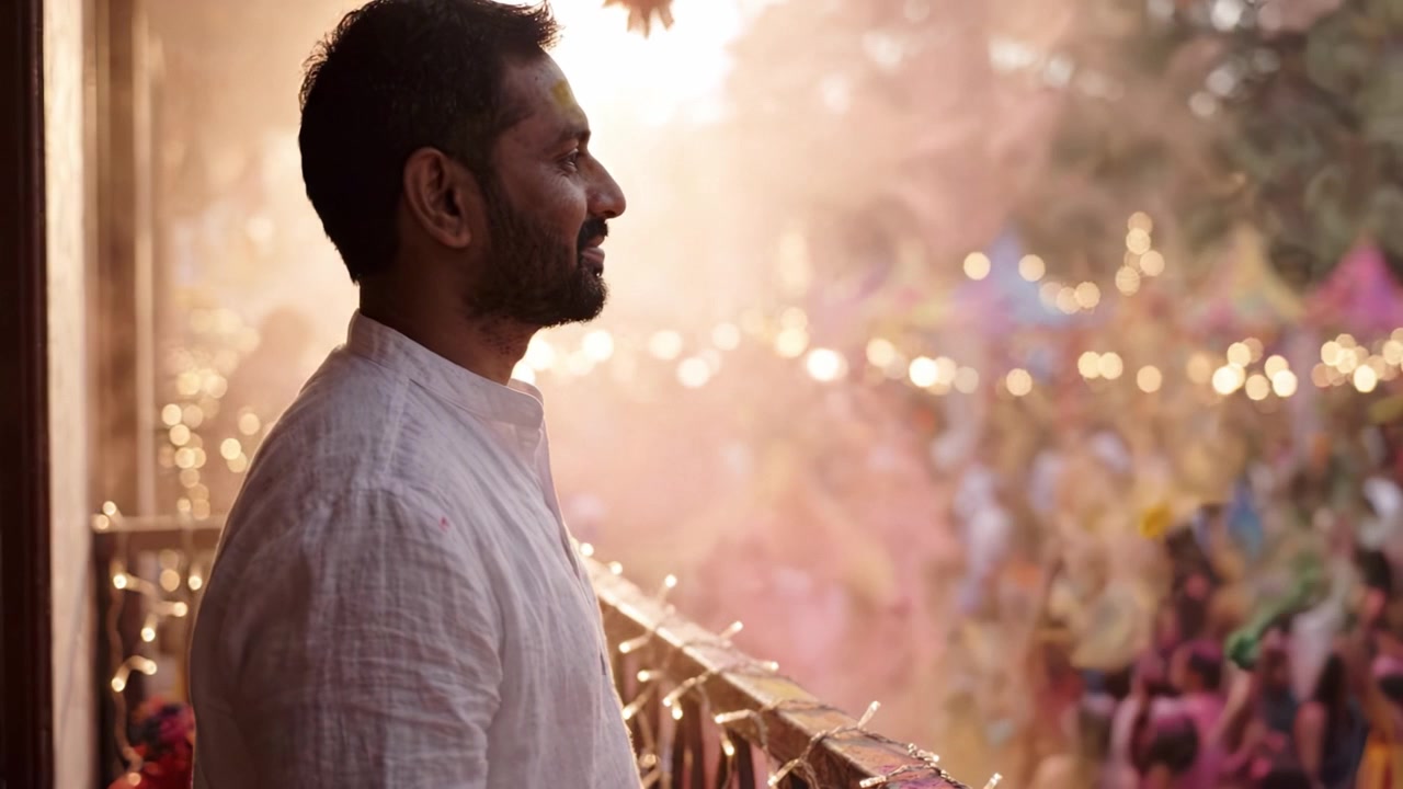 A contemplative moment as a man gazes into a vibrant celebration filled with colorful lights and joyful people, capturing the essence of festivity and connection.