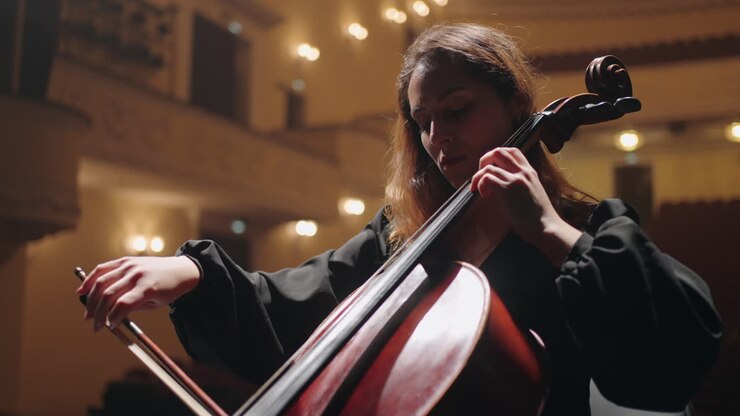violoncellista sta suonando nella sala filarmonica concerto di musica classica violoncellista donna