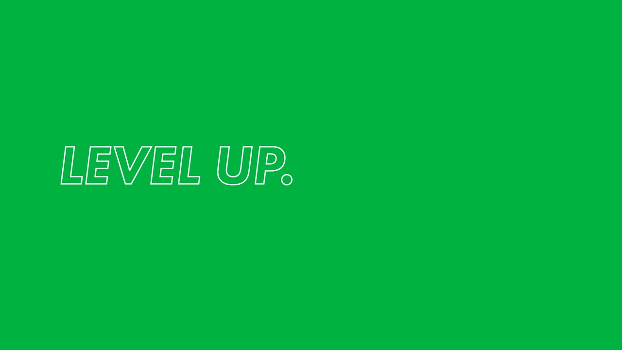 Animasi teks "level up" dengan latar belakang transparan.