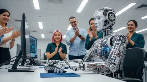 a celebratory moment: a humanoid robot engaging with software amidst an enthusiastic team in a modern office environment