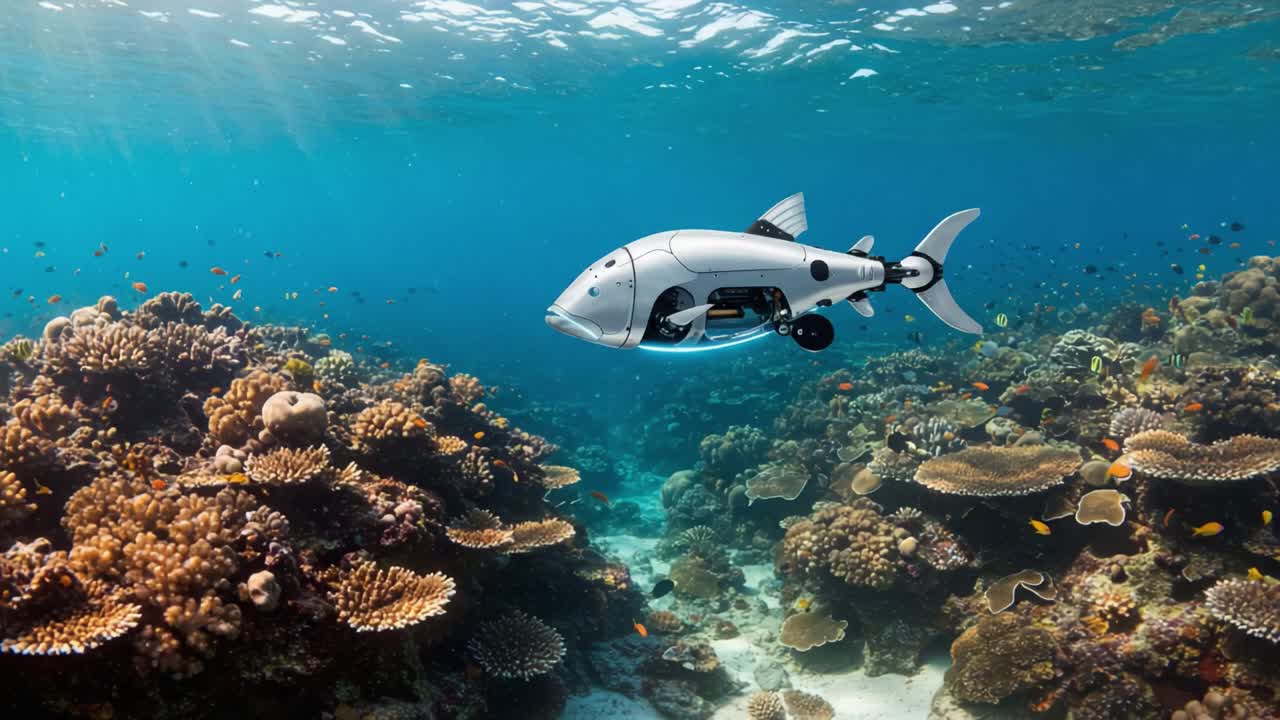 An Innovative Underwater Drone Resembles a Fish, Gliding Gracefully Through Colorful Coral Reefs, Capturing the Beauty of Marine Life and Environment