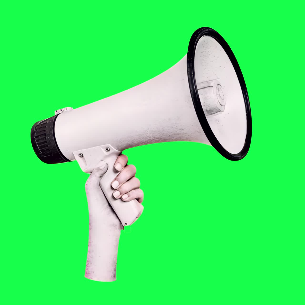 Hand holding loud megaphone transparent 4K video, green screen