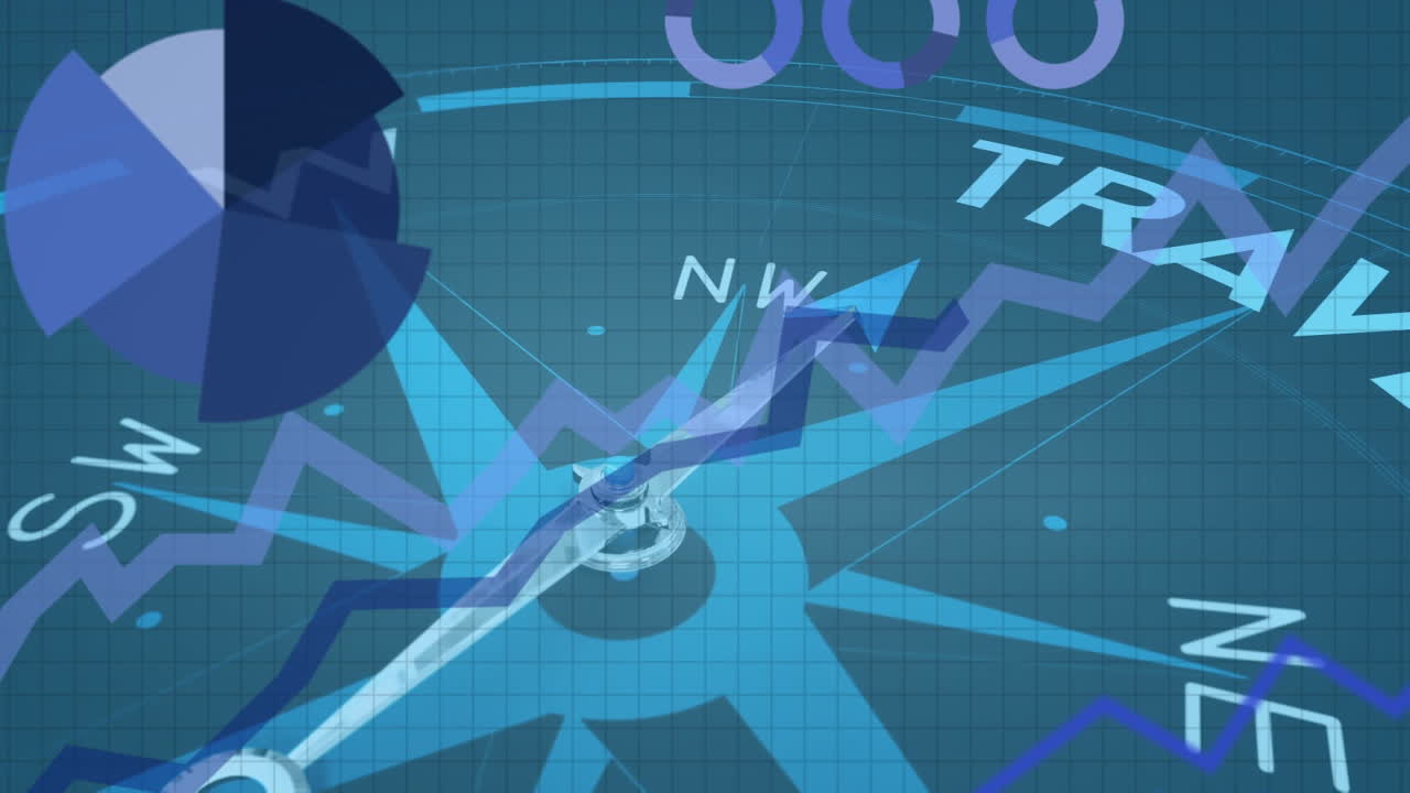 여행 텍스트에 바늘이 움직이는 나침반 위의 통계 및 데이터의 애니메이션